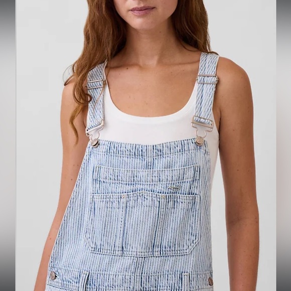 Gap UltraSoft Denim Horseshoe Overalls, Blue Railroad Stripe, SP, NWOT - Picture 3 of 11